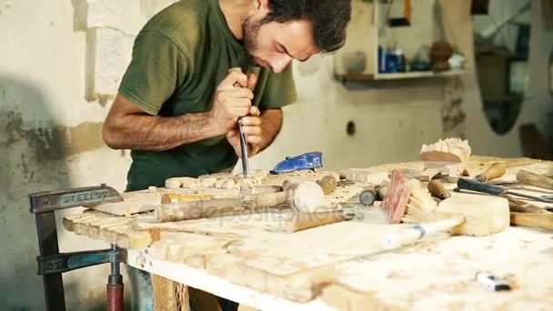 Œuvres maîtresses de sculpture sur bois - prise de vue vidéo en gros plan — Video