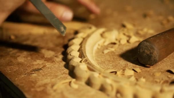 Œuvres maîtresses de sculpture sur bois - prise de vue vidéo en gros plan — Video