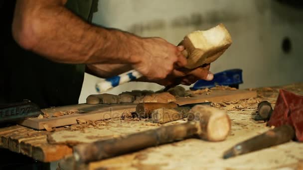 Wood carving master works - närbild video skjutning — Stockvideo