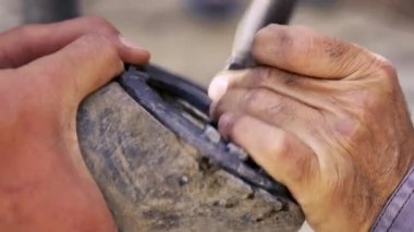 kırpma, temizlik, şekillendirme ve aşırı tek doku at nalı hooves demirci dükkanında bıçak kullanarak kapalı kesme. At horseshoeing at nalı maker. Azerbaycan