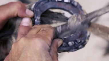 kırpma, temizlik, şekillendirme ve aşırı tek doku at nalı hooves demirci dükkanında bıçak kullanarak kapalı kesme. At horseshoeing at nalı maker. Azerbaycan