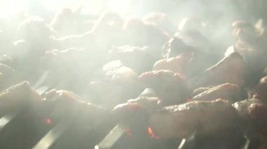 Ağır çekim. Barbekü yemek. Taze et kömürün üstünde kavrulmuş. Açık Rekreasyon.