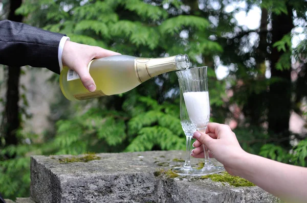 Sposo e sposa sono attratti da champagne — Foto Stock