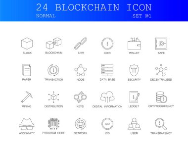 Satır simgeler kümesi. Blockchain paketi. Vektör çizim. Vektör çizim öğeleri için şifreleme teknolojisi ile.