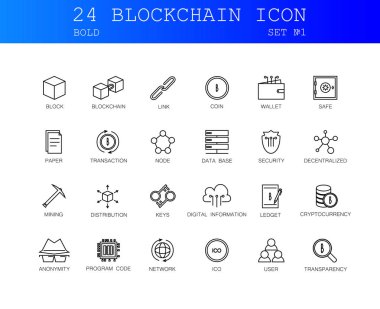 Kalın satır Icons set. Blockchain paketi. Vektör çizim. Vektör çizim öğeleri için şifreleme teknolojisi ile.