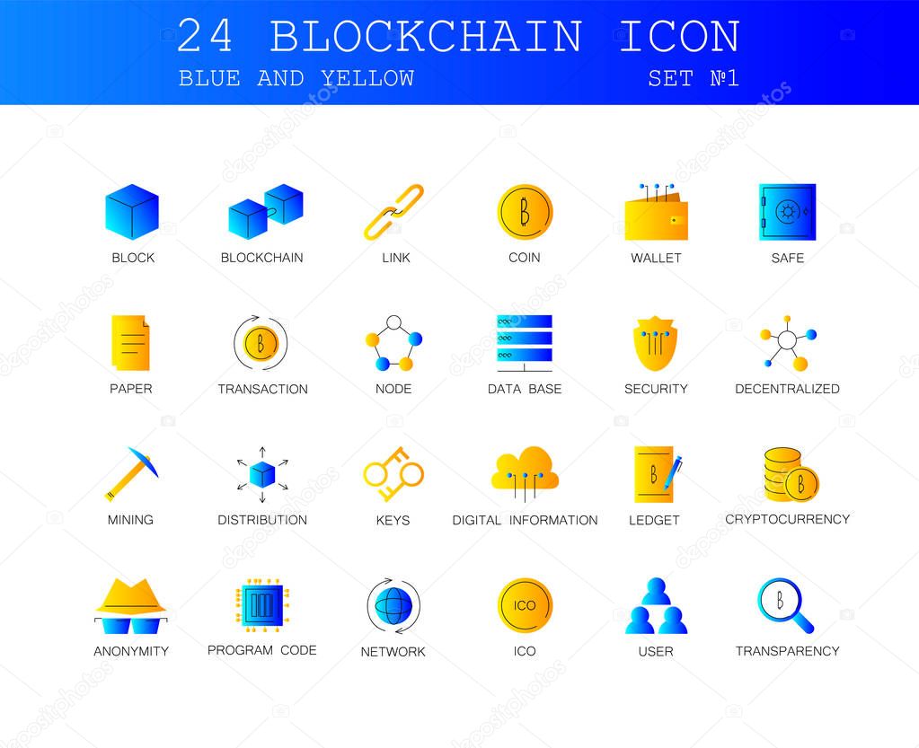 Blue and yellow Line icons set. Blockchain pack. Vector illustration. Vector illustration with elements for crypto technology.