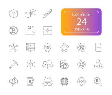 Satır simgeler kümesi. Blockchain paketi. Vektör çizim