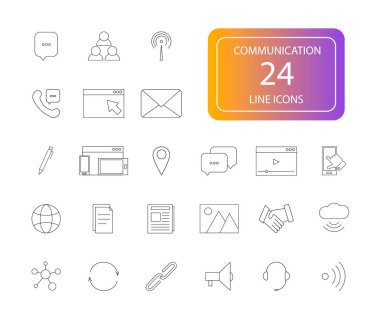 Satır simgeler kümesi. İletişim paketi. Vektör çizim.