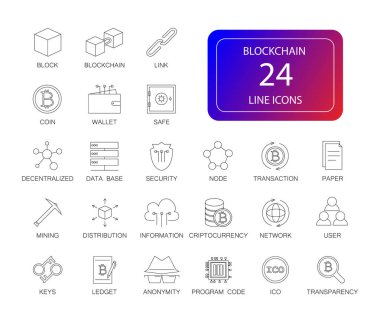 Satır simgeler kümesi. Blockchain paketi. Vektör çizim