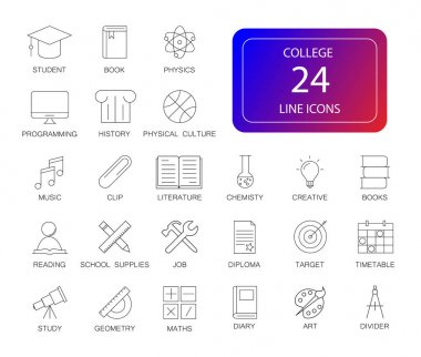 Satır simgeleri ayarlandı. Üniversite çantası. Vektör illüstrasyonu