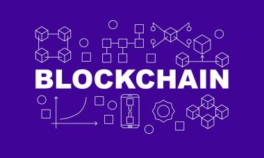 Yaratıcı teknoloji afiş bloğu zinciri kutsal kişilerin resmi ve kelime Blockchain içinde mor zemin üzerine yapılan