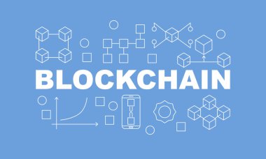 Yaratıcı teknoloji afiş bloğu zinciri kutsal kişilerin resmi ve kelime içinde Blockchain üzerinde mavi arka plan ile yapılan