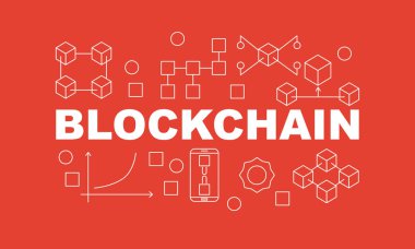 Yaratıcı teknoloji afiş bloğu zinciri kutsal kişilerin resmi ve kelime Blockchain içinde kırmızı zemin üzerine yapılan