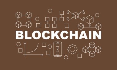 Yaratıcı teknoloji afiş bloğu zinciri kutsal kişilerin resmi ve kelime içinde Blockchain kahverengi zemin üzerine yapılan