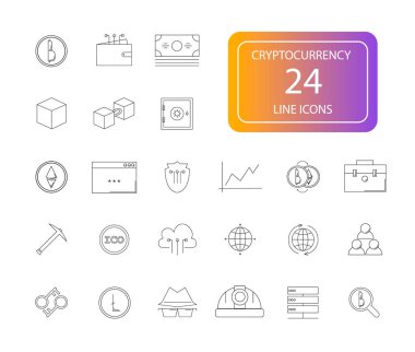Satır simgeler kümesi. Cryptocurrency paketi. Vektör çizim