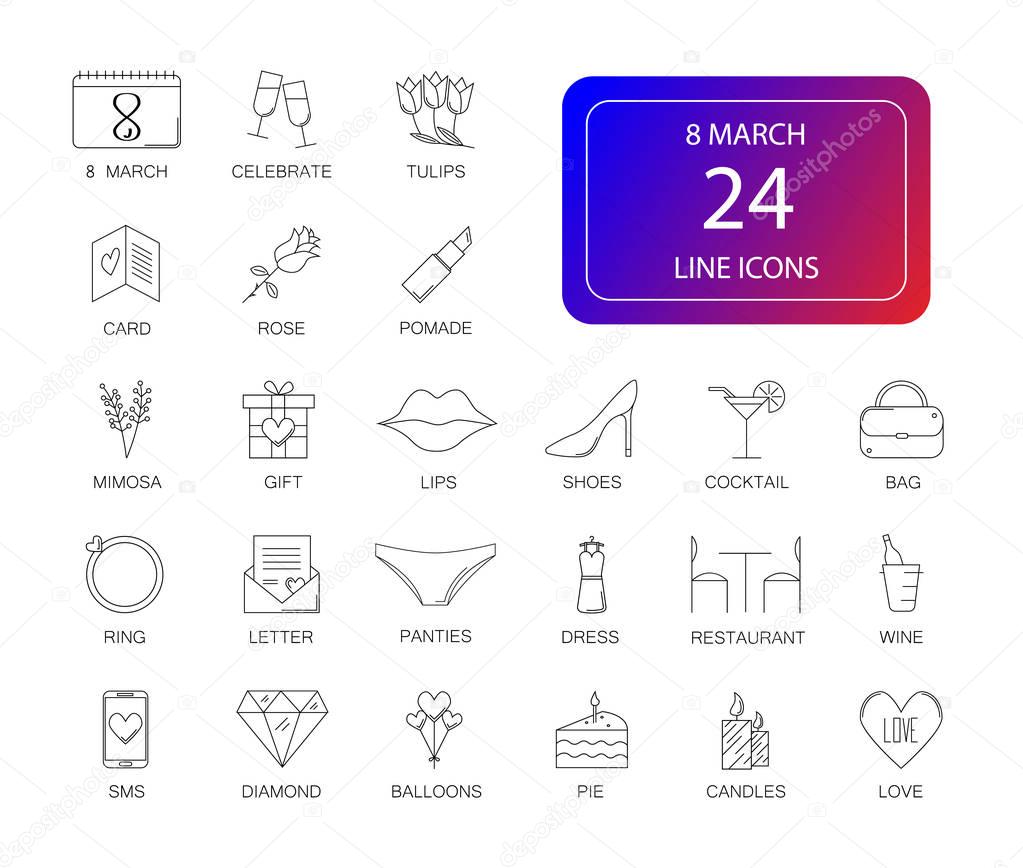 Line icons set. 8 March, Woman Day pack. Vector illustration