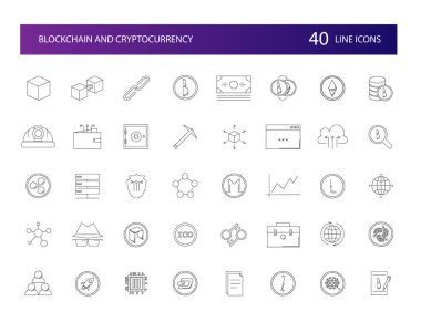 Satır simgeler kümesi. Blockchain ve Cryptocurrency paketi. Vektör çizim