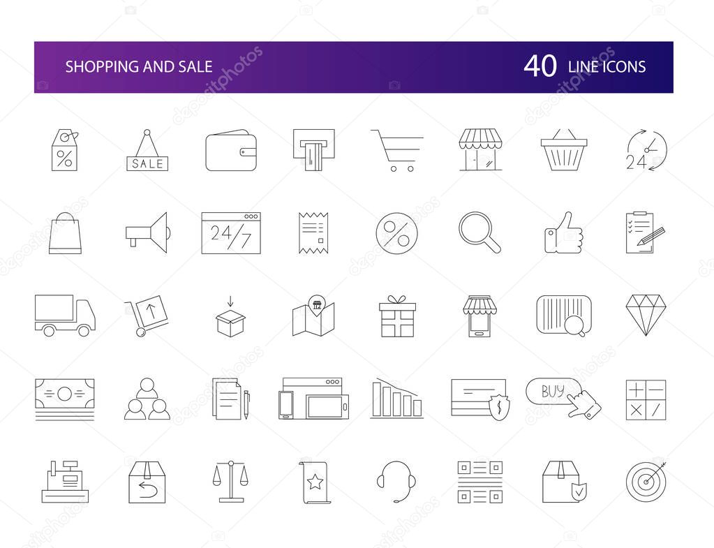 Line icons set. Shopping and Sale. Vector illustration.