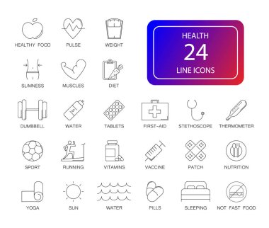 Satır simgeler kümesi. Sağlık paketi. Vektör çizim