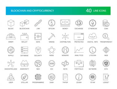 Satır simgeler kümesi. Blockchain ve Cryptocurrency paketi. Vektör çizim