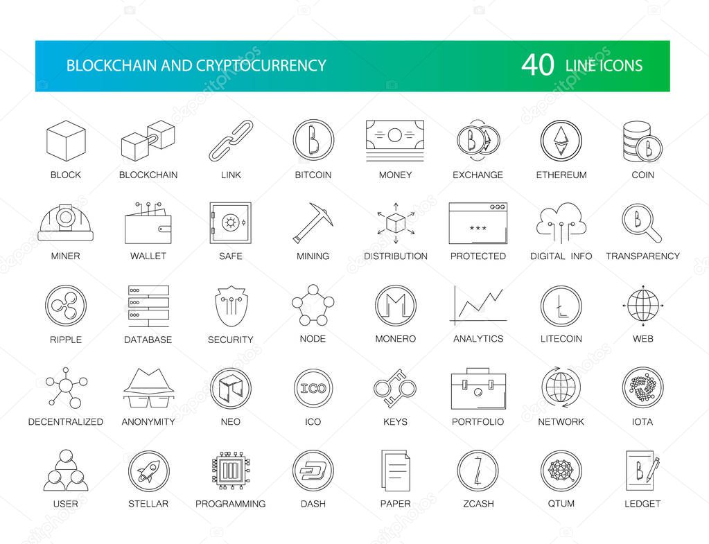 Line icons set. Blockchain and Cryptocurrency pack. Vector Illustration