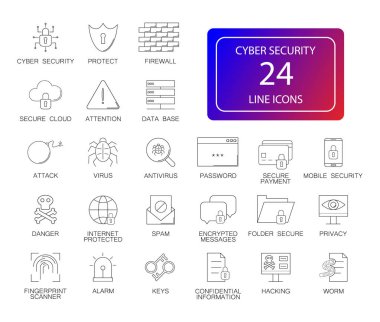 Satır simgeler kümesi. Siber güvenlik paketi. Vektör çizim