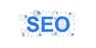 SEO vektör afiş. Satırı simgesi kelime. Vektör arka plan