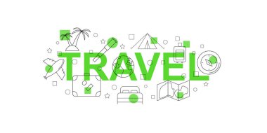 Seyahat vektör afiş. Satırı simgesi yeşil kelime. Vektör arka plan