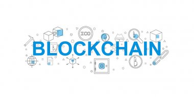 Blockchain vektör afiş. Satırı simgesi kelime. Vektör arka plan