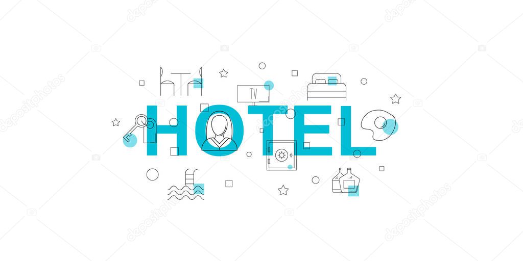 Hotel vector banner. Word with line icon. Vector background