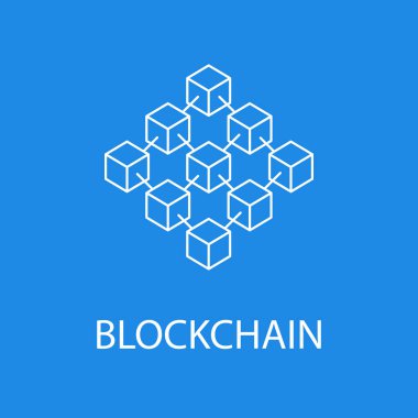 Blockchain vektör simge veya tasarım öğesi anahat stilinde mavi zemin üzerine