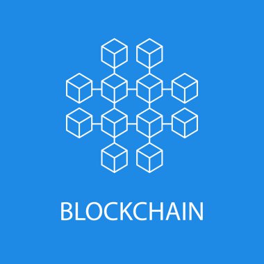 Blockchain vektör simge veya tasarım öğesi anahat stilinde mavi zemin üzerine
