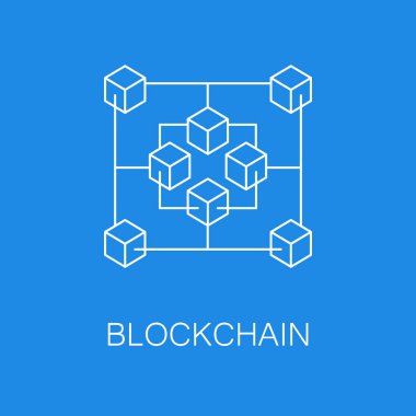 Blockchain vektör simge veya tasarım öğesi anahat stilinde mavi zemin üzerine