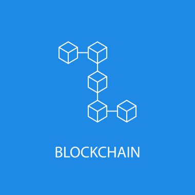 Blockchain vektör simge veya tasarım öğesi anahat stilinde mavi zemin üzerine