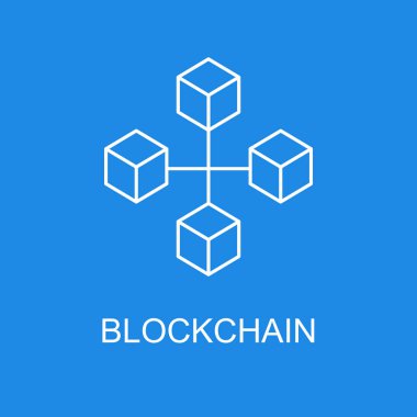 Blockchain vektör simge veya tasarım öğesi anahat stilinde mavi zemin üzerine