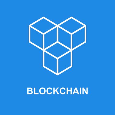 Blockchain vektör simge veya tasarım öğesi anahat stilinde mavi zemin üzerine
