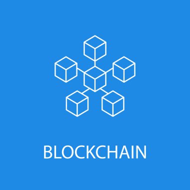 Blockchain vektör simge veya tasarım öğesi anahat stilinde mavi zemin üzerine