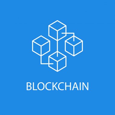 Blockchain vektör simge veya tasarım öğesi anahat stilinde mavi zemin üzerine