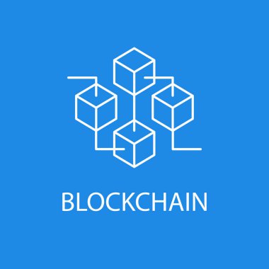 Blockchain vektör simge veya tasarım öğesi anahat stilinde mavi zemin üzerine