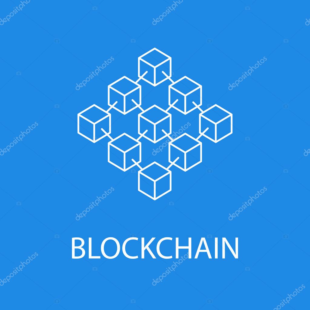 Blockchain vector icon or design element in outline style on blue background