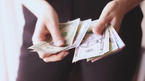 女旅行家的手用不同的货币记录着她的现金 — 图库视频影像