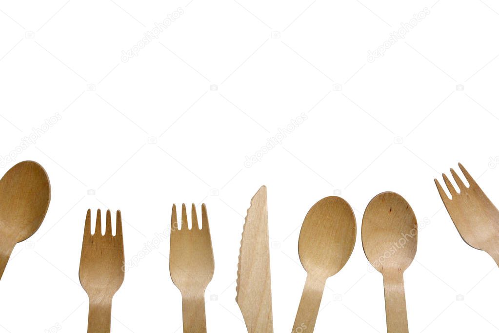 wood spoon and fork on white background