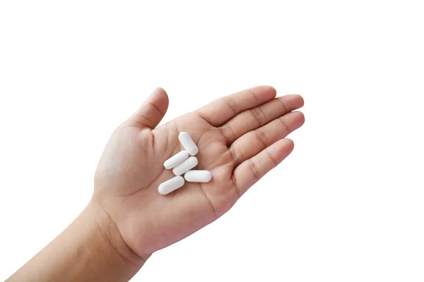 Nő kezében gyógyszer fehér háttér — Stock Fotó