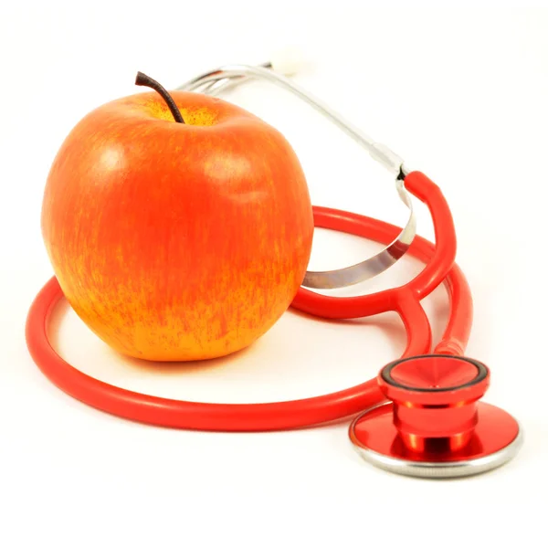 Een Rijpe Rode Appel Artsen Stethoscoop Geïsoleerd Wit Gekapt Tot — Stockfoto