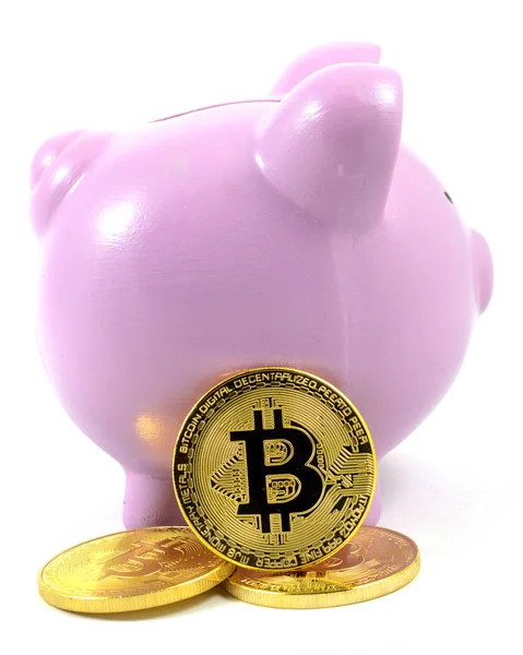 Isolated White Background Image Profile Piggy Bank Few Gold Bitcoins — Stock Photo, Image