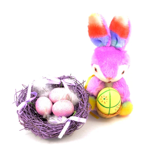 Isolated White Image Cute Plush Easter Bunny Festive Purple Nest — Stock Photo, Image