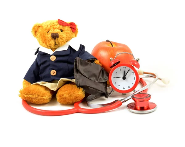 Time Medical Checkup Concept Utilizing Teddy Bear Clock Stethoscope Isolated — Stock Photo, Image