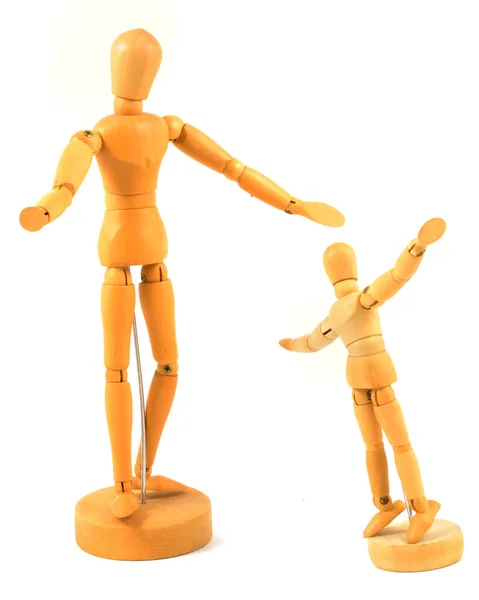 Dois Artistas Madeira Figurinhas Lado Lado Braços Bem Vindos Ampla — Fotografia de Stock