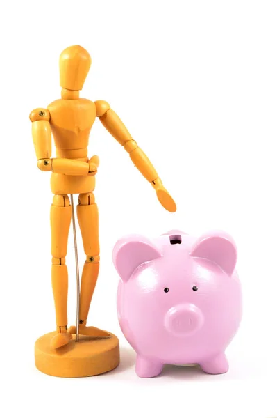 Artists Wood Dummy Piggy Bank Isolated White Background Money Related — Stock Photo, Image