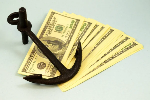 Boat Anchor Top Few American Banknotes Several Monetary Concepts — Stock Photo, Image